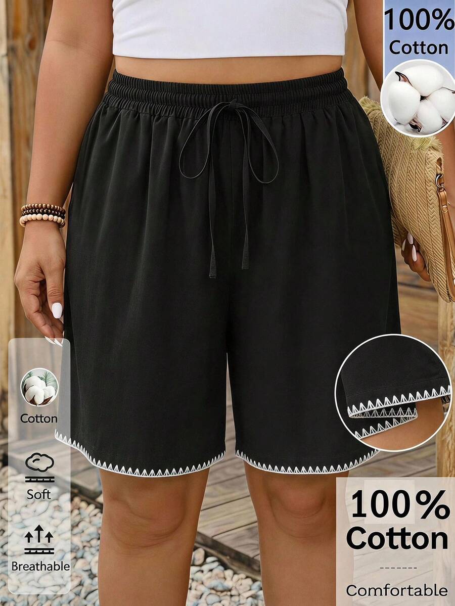 Comfylo Contrast Color Shell Embroidery Plus Size Women's Waist Tie Shorts - Black - View 1