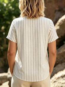 SHEIN LUNE CURVE Plus Size Women's Casual Striped Asymmetric Diagonal Split Decor Button Short Sleeve Blouse, Brown And White Striped Vacation Commute Summer Autumn Shirt - Brown - View 2