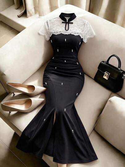 Elenzga Vestido de noche para fiesta de Día de la Madre de verano y boda, estilo lujoso y elegante, cuello alto con botones de rana, encaje, manga corta, cintura plisada, con perlas incrustadas, corte sirena, largo medio, sin estampado, unicolor negro y blanco con patchwork, vestido elegante, romántico y exquisito para mujer