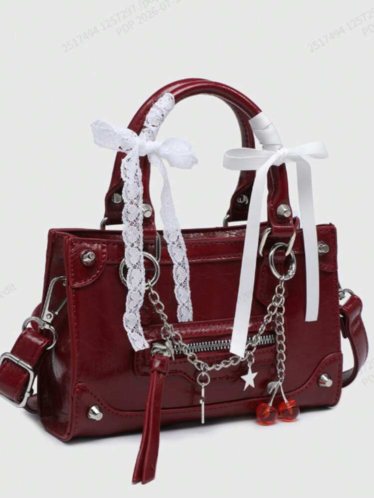 ROMWE Women's Cute Dark Style Bow Cross Chain Decor Mini Handbag , Bow , Kawaii - Redwood - View 2