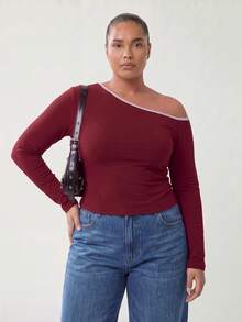 Solavibe Plus Size Spring/Autumn Casual Simple Normal Asymmetrical Collar Long Sleeve T-Shirt Dates Fashion Week Vacation Burgundy - Burgundy - View 7