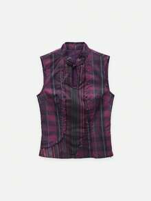 Nöista Plaid Mandarin Collar Top With Keyhole Neckline For Going Out And Vacation Styling. - Purple - View 9
