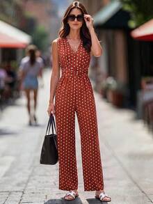 Editum Women's Brown And White Polka Dot V-Neck Waist Gathered Sleeveless Jumpsuit Vacation Summer Vintage Casual Elegant Autumn/Winter Y2k Brunch - Brown - View 5