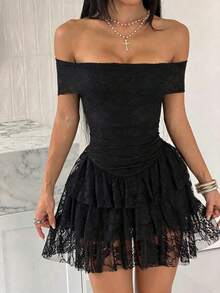 SHEIN Unity Women's Spring/Summer Black Floral Lace Mini Dress Ruffle Cinched Waist Multi-Layer Ruffle Sheer Mesh Party Night Out Sexy Elegant Halloween - Black - View 5