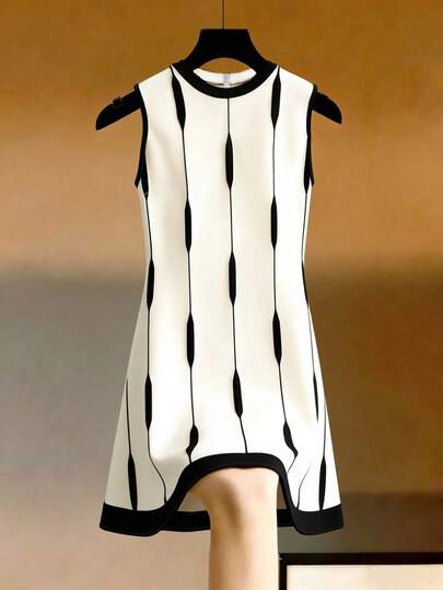 Franclia Apricot & Black Striped Sleeveless Slim Fit Dress For Women, Elegant Summer/Spring Vacation Outfit, Suitable For Party