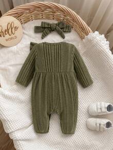 SHEIN Vintaside Kids 嬰兒純色荷葉邊連身衣附髮帶（新生兒） - 綠色 - 查看 2