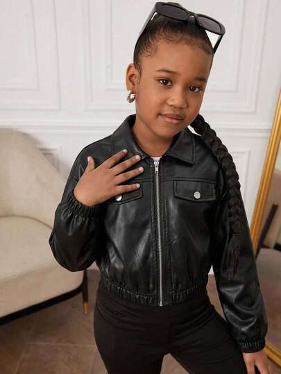 SHEIN Tween Girl Tween Girls Pocket & Collar PU Leather Short Jacket, In Fall/Winter Street Fashion