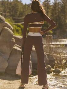 Aralina Leisurewear Active Women's 3 Piece Burgundy Three Pieces Boot Cut Legging Set Crop Top Bolero Long Sleeve Layering Tee High Wide Waistband Stretch Knit Flattering Studio Street Style Set Top Set Bottom - Brown - View 2