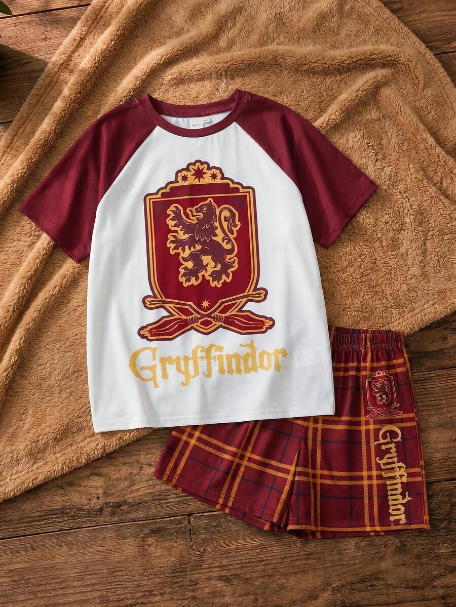 HARRY POTTER X SHEIN Ensemble de pyjama pour préadolescent avec Top à col rond à manches courtes avec imprimé de lettres et graphiques en couleurs contrastées et short à imprimé à carreaux - Rouge foncé - Voir 1