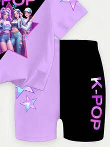 Girls' Cute K-Pop Girl Group Star Print Summer Round Neck T-Shirt And Shorts Set,Exquisite Glamorous Design,Sweet Chic Fitted Knitted Top,Gift Outfit - Multicolor - View 5