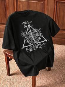 HARRY POTTER X SHEIN 男士休闲修身针织死亡圣器印花短袖T恤 - 黑色 - 查看 1