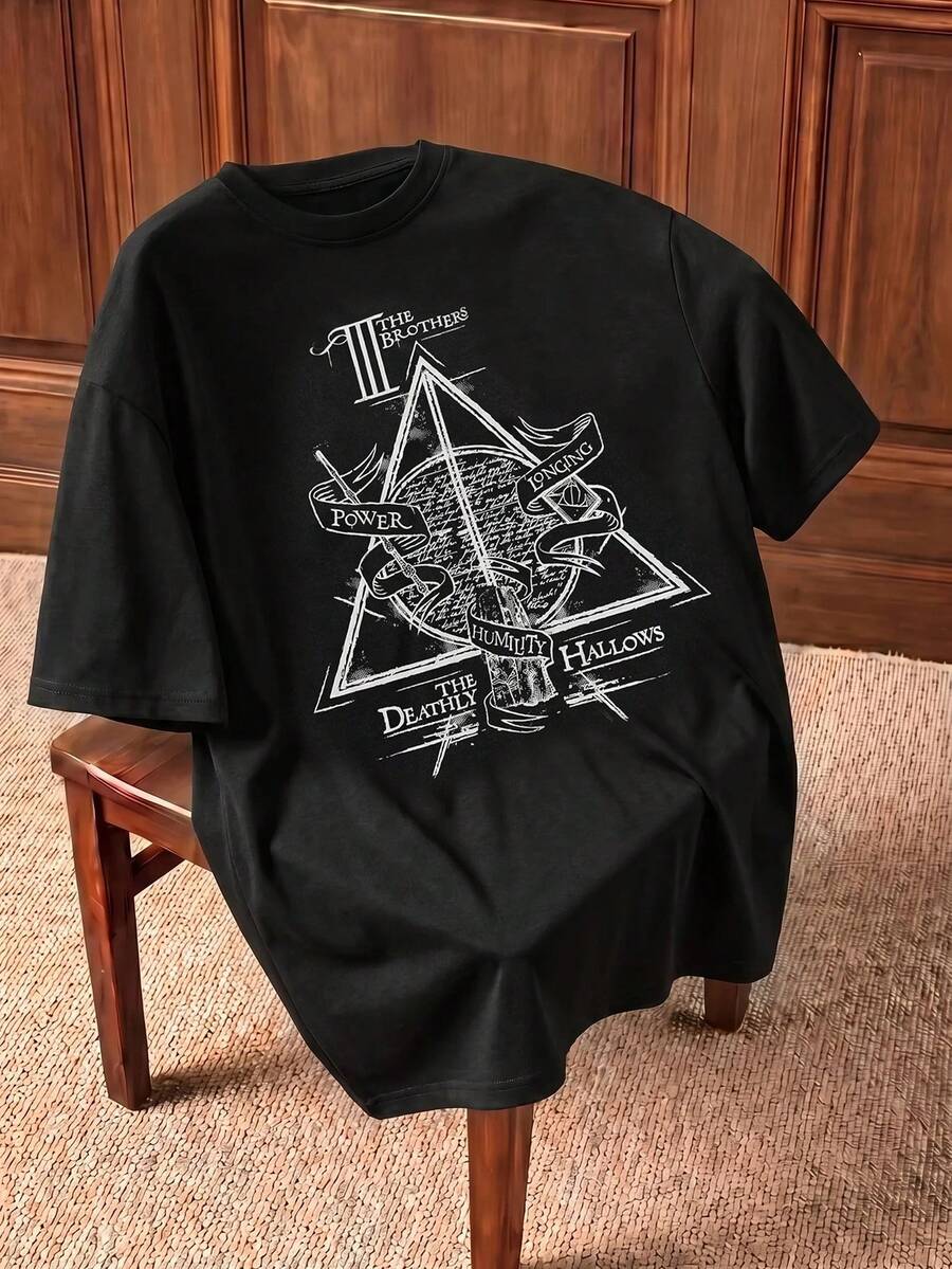 HARRY POTTER X SHEIN 男士休闲修身针织死亡圣器印花短袖T恤 - 黑色 - 查看 1