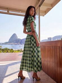 Nöista Women's Fashion Elegant Frog Button Plaid Short Sleeve Dress - Dark Green - View 8