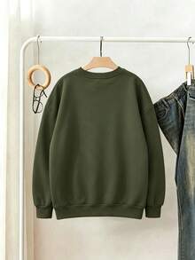 SHEIN 大尺碼圓領卡通圖案休閒日常長袖衛衣 冬季 - 綠色 - 查看 2