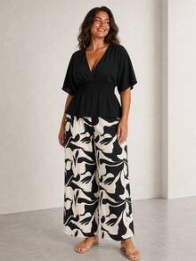 ELLERISSA Plus Size Black Kimono Top & Printed Trousers Co-Ord Set - Black - View 4