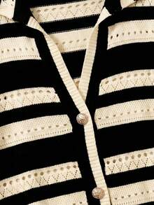 SHEIN Clasi Cardigan tricoté élégant et romantique à rayures et couleurs contrastées, simple boutonnage - Beige - Voir 4