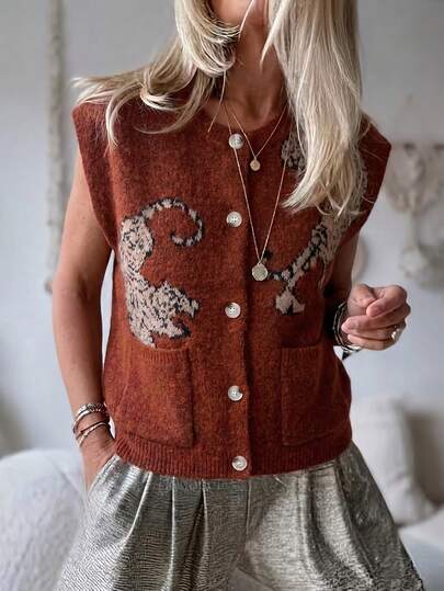 Louniche Cardigan femme sans manches marron en jacquard tigre, style décontracté élégant, avec poches et boutons en résine, nouveau pour l'automne/hiver, adapté aux trajets quotidiens, au bureau, aux sorties et aux réunions à la maison