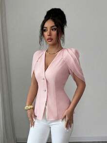 SHEIN Elenzya Women's Elegant Romantic Tailored Blazer With V-Neck, Pleated And Cinched Waist - Dusty Pink - View 4