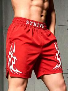 Gym Rark Manfinity EMRG 男士休閒字母印花短褲，夏季火焰短褲 - 紅色 - 查看 3