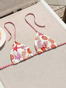 Swim Mod Top de bikini triangular sin espalda con tirantes para hombros y estampado floral pequeño lindo para mujer - Multicolor - Ver 3
