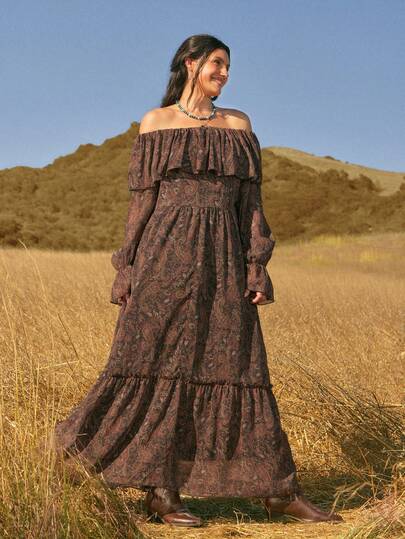 Freevana Women's Plus Size Maxi Dress,  Off-Shoulder, Brown Paisley Floral Print, Flowy Chiffon, Ruffle Long Lantern Sleeves, Spring Summer Early Autumn Outfit