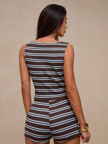 Glamine French Minimalist Brown Knitted Striped Stretch Boat Neck Sleeveless Open Front Regular Fit Women's Tank Top, Suitable For Daily Sports Wear, Outdoor Sports Wear, Single Item Matching - Striped Cut - Brown - View 7