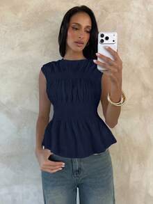 Aloruh 女款優雅圓領素色抓皺無袖米色上衣 - 藏蓝色 - 查看 7