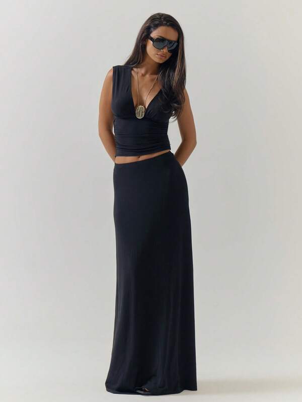 MUSERA Jupe longue transparente en coton noir taille basse décontractée pour fête d'hiver pour femmes