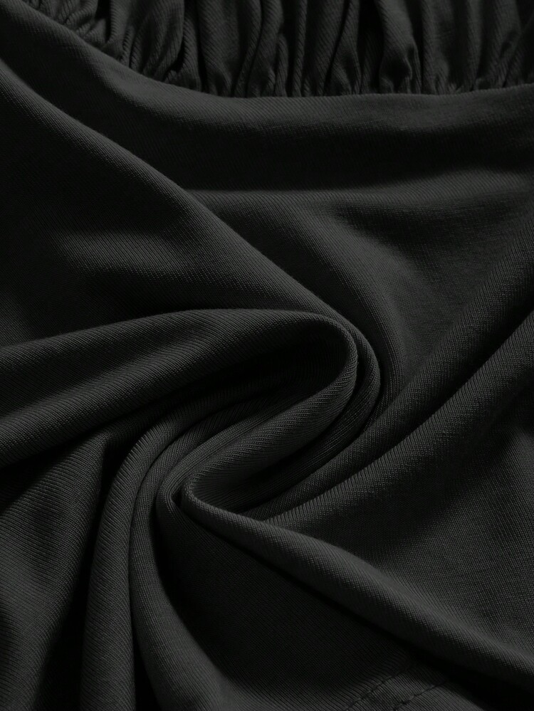 ROMWE Y2K Vintage Hot Girl Loose Ruched Batwing Sleeve T-Shirt, Waist-Cinching Slimming Women's Top, Solid Color Casual Daily Wear - Black - View 4