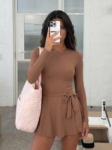 Dewbera Dewbera 1pc Solid Color Backless Cutout Shorts Skirt Design Women's Sports Dress - Brown - View 3