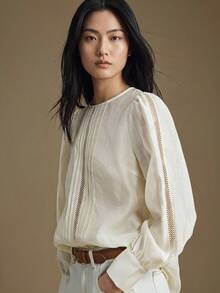 Ontre 2026SS Vacation Style, Elegant, Bohemian, Apricot, Acetate Tencel Linen Material, Hollow Embroidery, Women's Shirt, Round Neck, Long Sleeve, Loose Fit, Daily Wear, Casual Style, 2025 New Arrival, Summer Clothing - Apricot - View 1