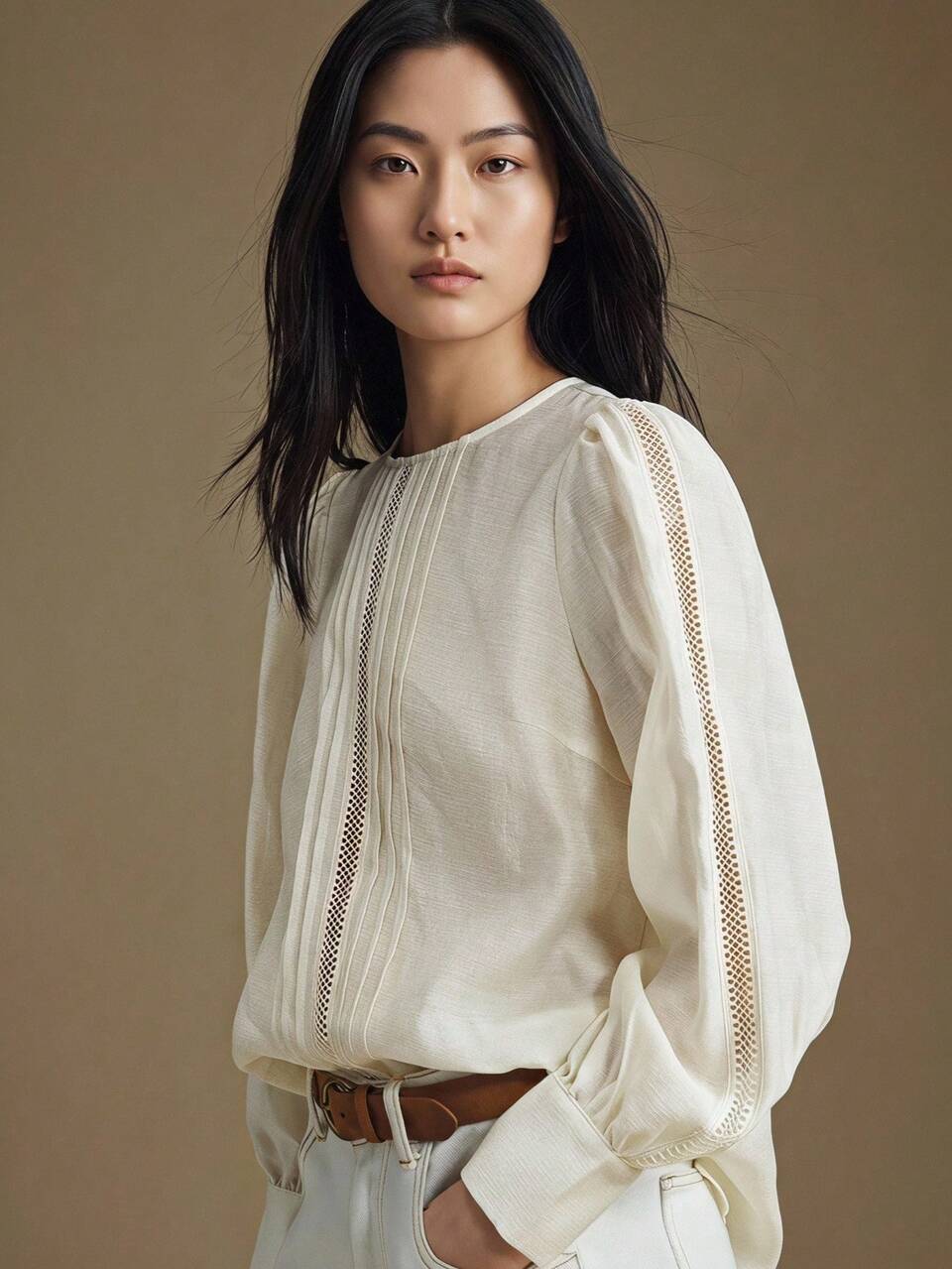 2026SS Vacation Style, Elegant, Bohemian, Apricot, Acetate Tencel Linen Material, Hollow Embroidery, Women's Shirt, Round Neck, Long Sleeve, Loose Fit, Daily Wear, Casual Style, 2025 New Arrival, Summer Clothing