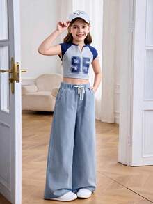 SHEIN Tween女孩休閒水洗寬腿牛仔褲 - 淺色水洗藍 - 查看 6