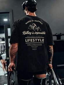 GymBeat 男士大尺碼標語印花短袖運動T恤 - 黑色 - 查看 1