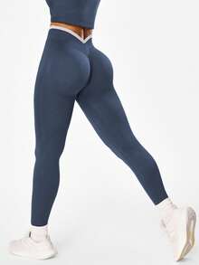 Solea Cove Solea Cove 1件女款深綠色針織無縫舒適彈性咖啡色後V腰緊身褲 - 藍色 - 查看 5