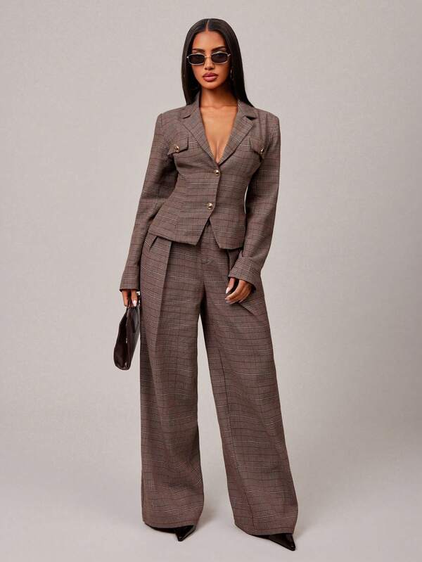 Radiana Autumn/Winter Premium Vintage Chic Red-Brown Plaid Blazer, Waist-Cinching Blazer, Brown Blazer, Vintage Houndstooth Blazer, Fashion Blazer, Waist-Cinching Jacket, Short Blazer, Casual Fashion Commuter Blazer, Commuter Blazer