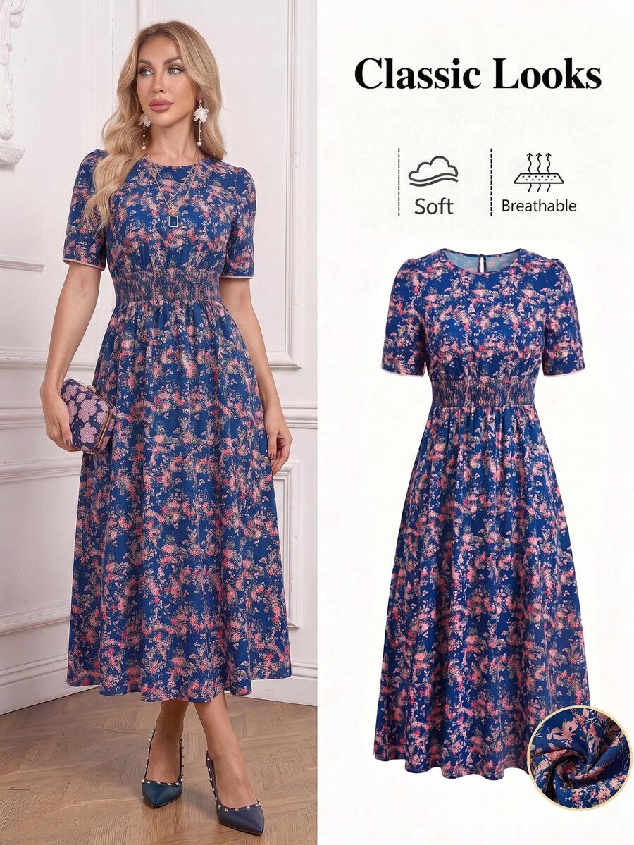 Ellevyn Round Neck Cinched Waist Sundress, Romantic Vacation Dress - Navy Blue - View 1