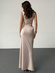 RiviMae Seductive Summer Beige Women's Elegant Embroidered Mesh Hollow-Out Bodycon Long Dress, Sleeveless Pleated Asymmetric Patchwork Formal Dinner Gown - Dusty Pink - View 2