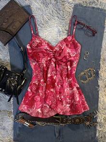 IslaSuriya Atasan Camisole Wanita Berlipit dengan Motif Cetak Seluruh Permukaan, Kasual, Serbaguna untuk Pemakaian Sehari-hari - Hot Pink - View 5