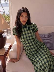 Nöista Women's Fashion Elegant Frog Button Plaid Short Sleeve Dress - Dark Green - View 4