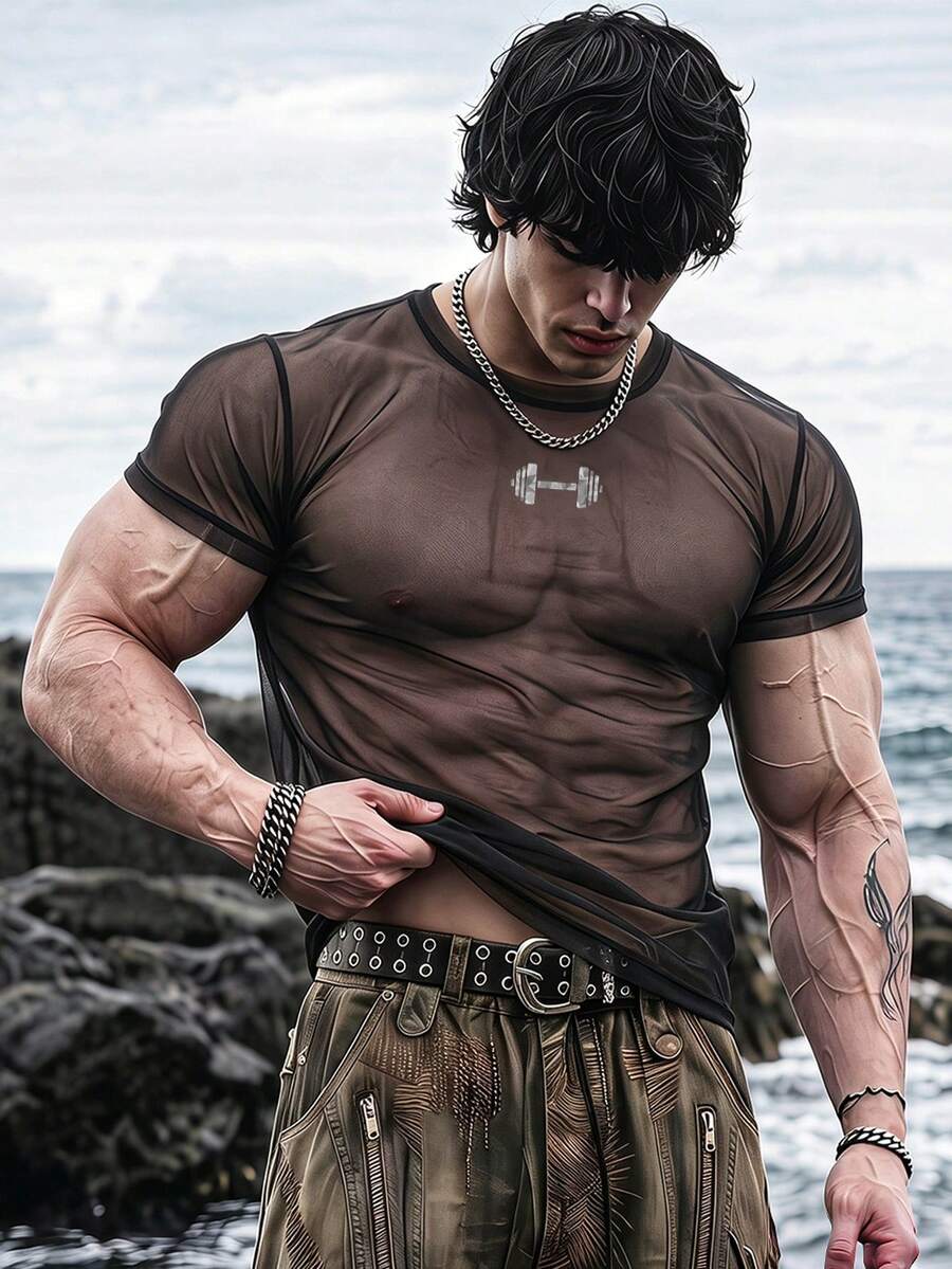 Ironwick 男士槓鈴印花短袖休閒健身運動T恤 - 彩色 - 查看 1