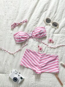 SHEIN Swim 女款夏季度假套裝 母親節粉色與白色條紋性感海灘派對度假比基尼兩件套 - 粉色 - 查看 5