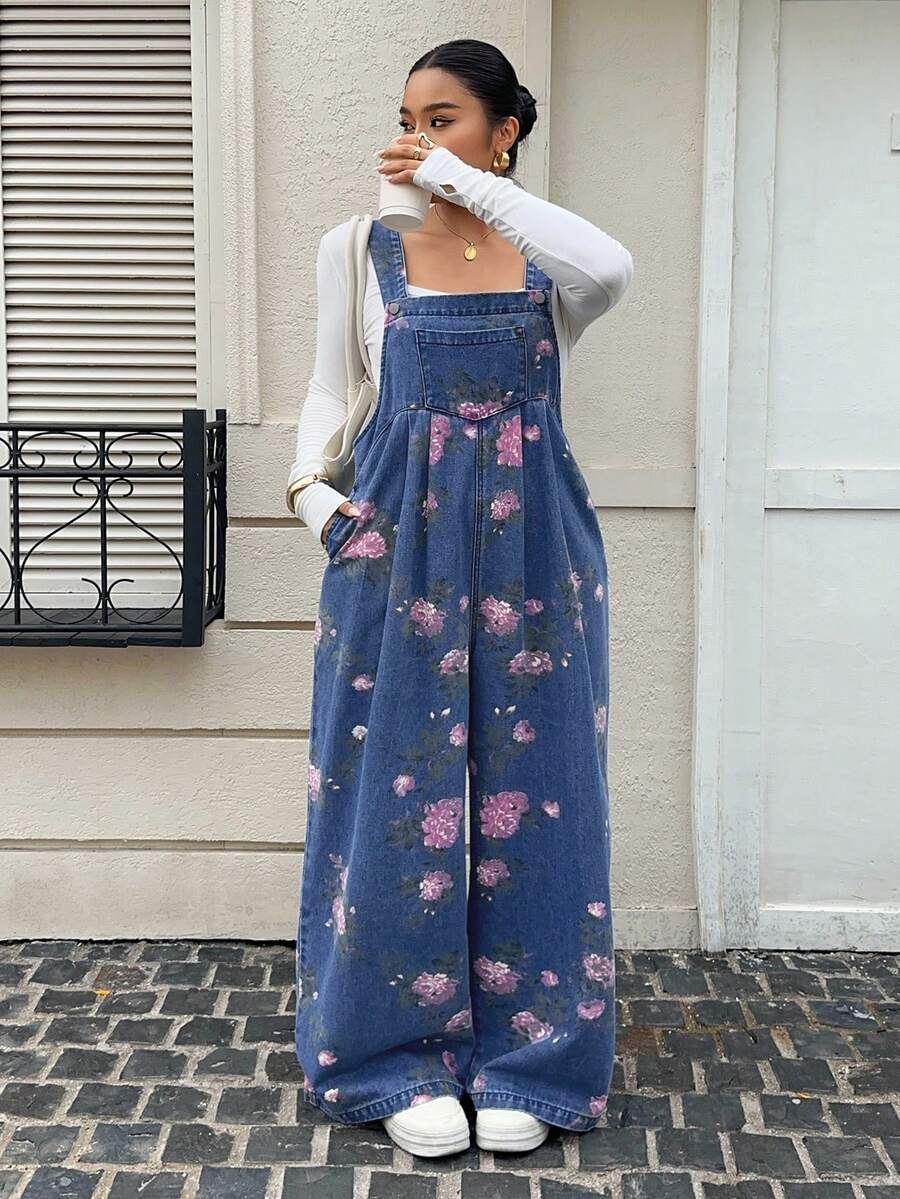 Dazy Plus Floral Pattern Vintage Washed Denim Overalls Plus Size Women Spring Summer Autumn Denim Jumpsuit School - Medium Wash - View 1