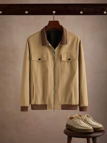 Core Aspect Men's Casual Daily Wear Top, Zipper Long Sleeve Jacket, Autumn Style - Khaki - View 5
