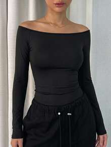DAZY Women's Solid Color Off-Shoulder Slim Fit Versatile Daily Long Sleeve Top - Black - View 5