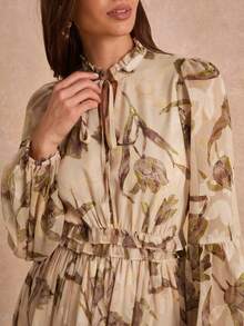 Enchnt Premium Pre-Fall Romantic Women's Elegant Apricot Stylish Silhouette Print Long Dress,Festival Outfits,Casual Dress,Work Outfits,Office Wear - Coffee - View 3