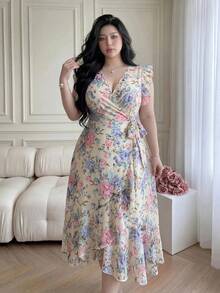 Vibekara Plus Size Women's Ruffle Flutter Sleeve Floral Print Waist-Defining A-Line Woven Dress - Yellow - View 4