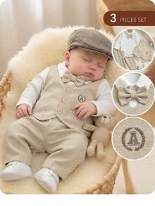 Newborn Baby Boy 3pcs Preppy Cute Casual Vest, Pants & Bow Tie Romper Set - Beige - View 1