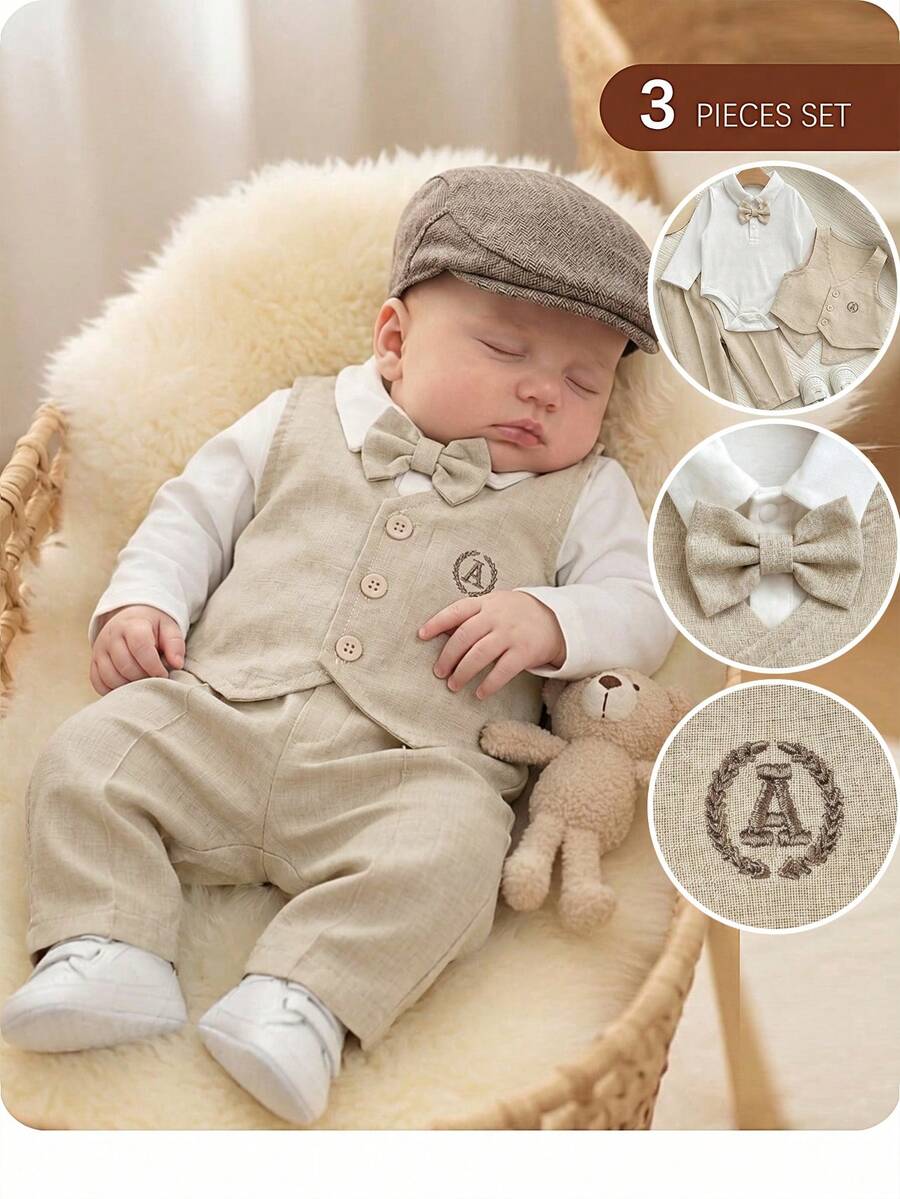 Newborn Baby Boy 3pcs Preppy Cute Casual Vest, Pants & Bow Tie Romper Set - Beige - View 1