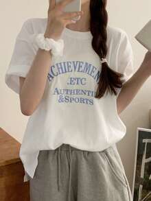 DAZY Women's Loose Fit Round Neck Short Sleeve T-Shirt With Letter Embroidery Summer Oversized T-Shirt - White - View 8